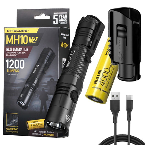 Nitecore Multitask Hybrid Series MH10 v2.0 1200 Lumens Dual-Fuel USB-C rechargeable LED flashlight with 21700 Rechargeable (NL2140) 4000mAh Li-ion Battery